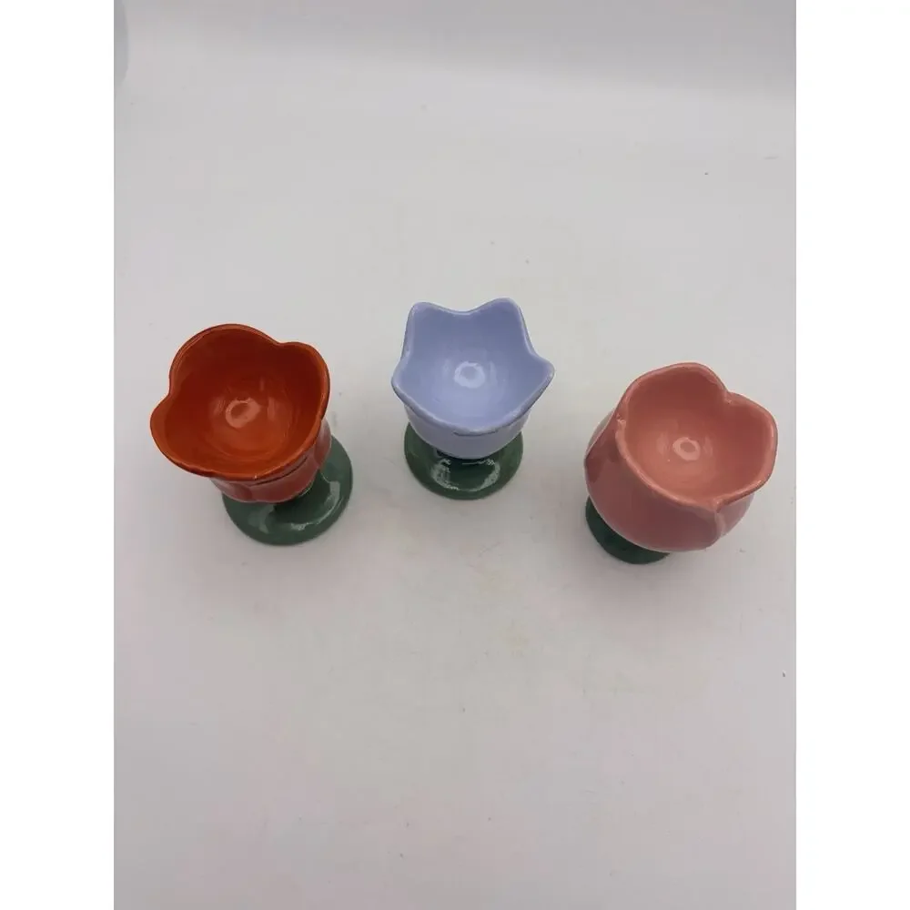 Set of 3 Ceramic Tulip Flower Egg Cups, Multicolor Glossy Pedestal Holders